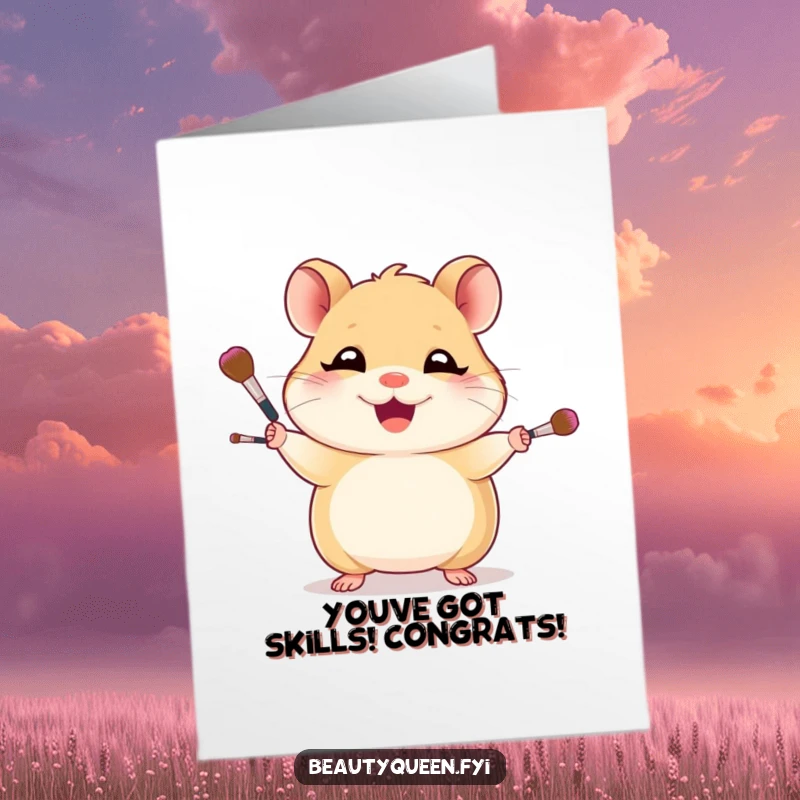 Funny Free Printable Congratulations Card: Giggling hamster artist proudly juggles makeup brushes, celebrating your big win.