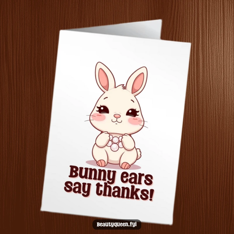 Funny Free Printable Thank You Card: A blushing bunny wiggles its nose, adjusting a fancy pearl necklace, conveying thanks with cute sophistication.