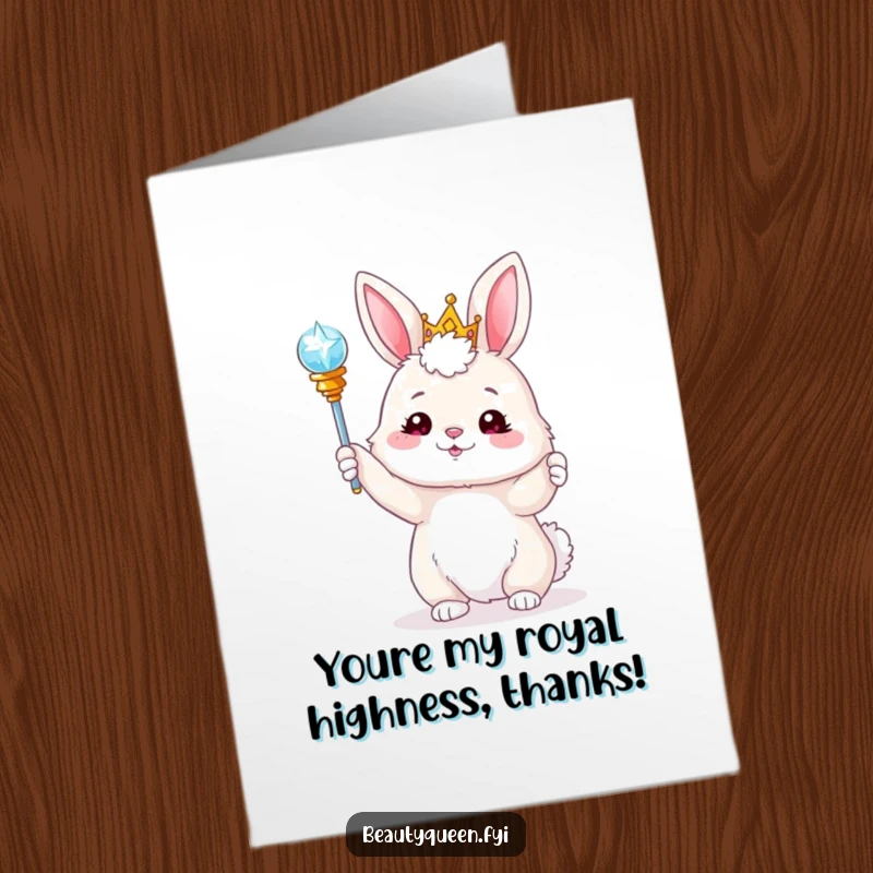 Funny Free Printable Thank You Card: A fluffy bunny in a tiara playfully tossing a sparkling scepter, expressing thanks with downloadable elegance.
