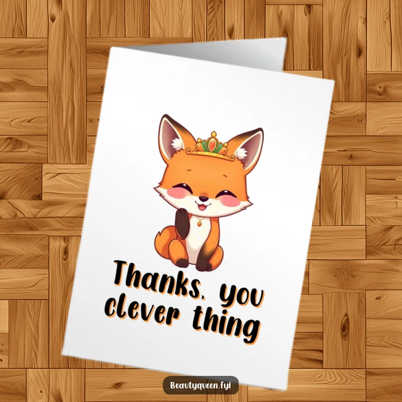 Funny Free Printable Thank You Card: A happy fox adjusts a tiny, gleaming diadem with its paw, conveying sophisticated downloadable thanks.