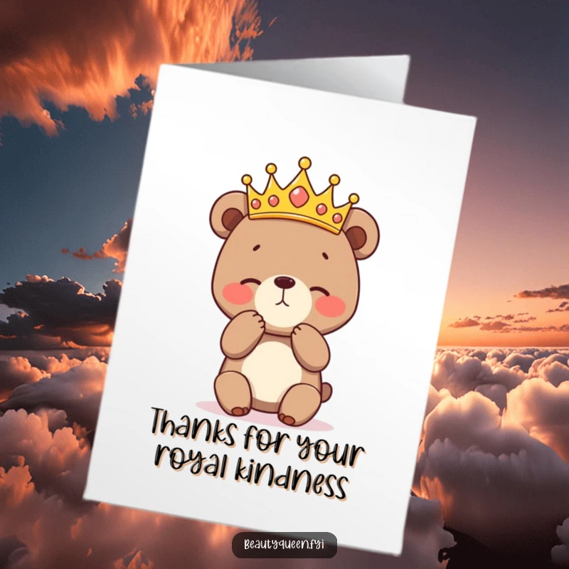 Funny Free Printable Thank You Card: A bashful bear cub in a crown gives a little curtsey, saying thank you.