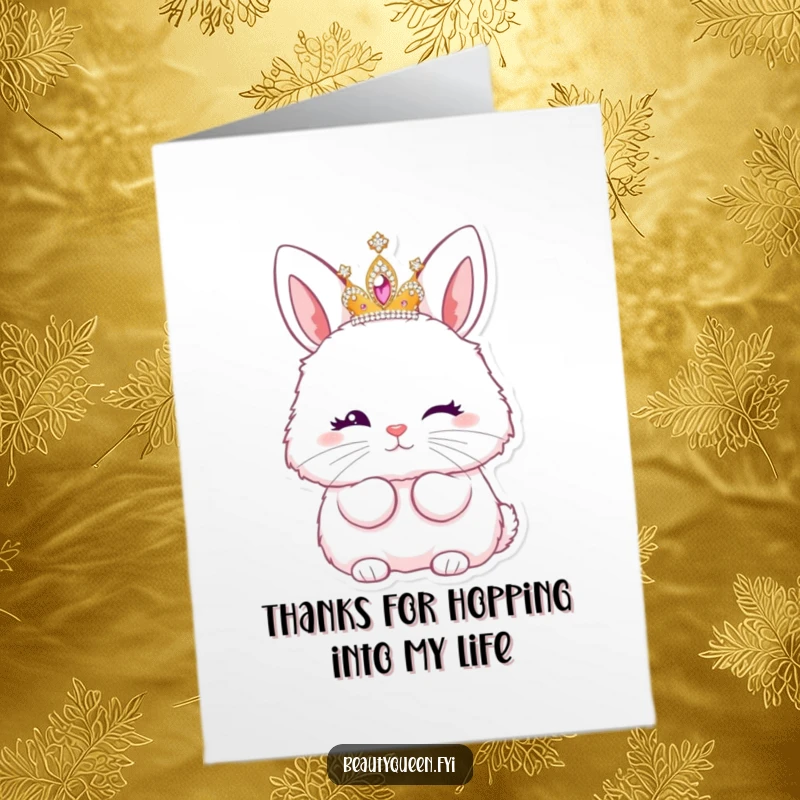 Funny Free Printable Thank You Card: Fluffy bunny in a tiara winks and blows a kiss, expressing thanks with charm.