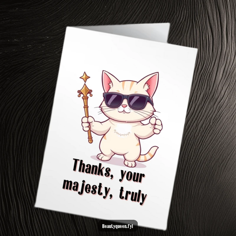 Funny Free Printable Thank You Card featuring a cat in sunglasses holding a scepter, posing dramatically to accept thanks.