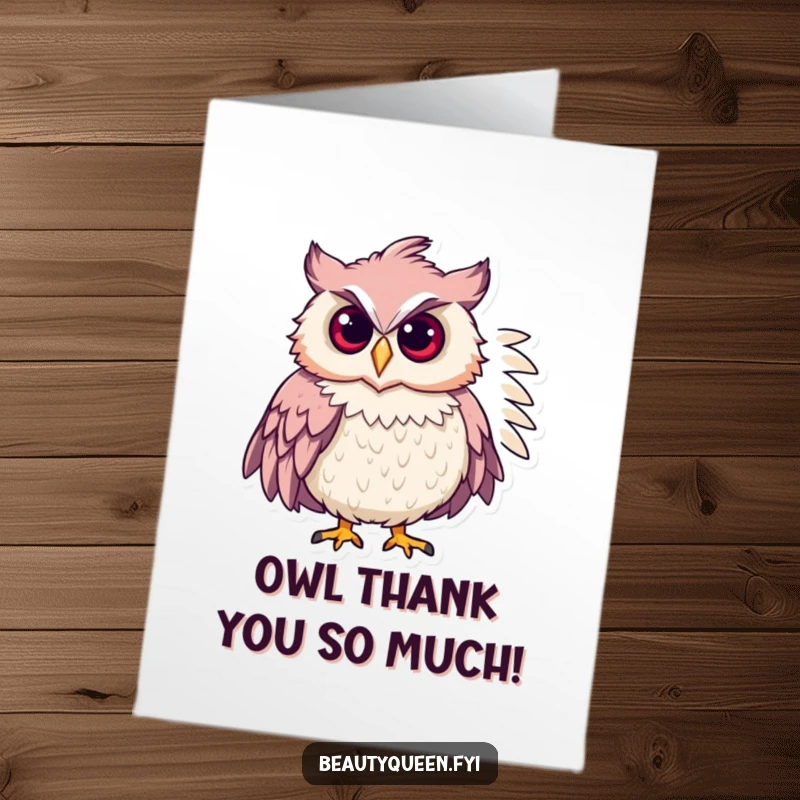 Funny free printable thank you card: A chic owl wearing a feathered boa, striking a confident pose, expressing heartfelt thanks with style.