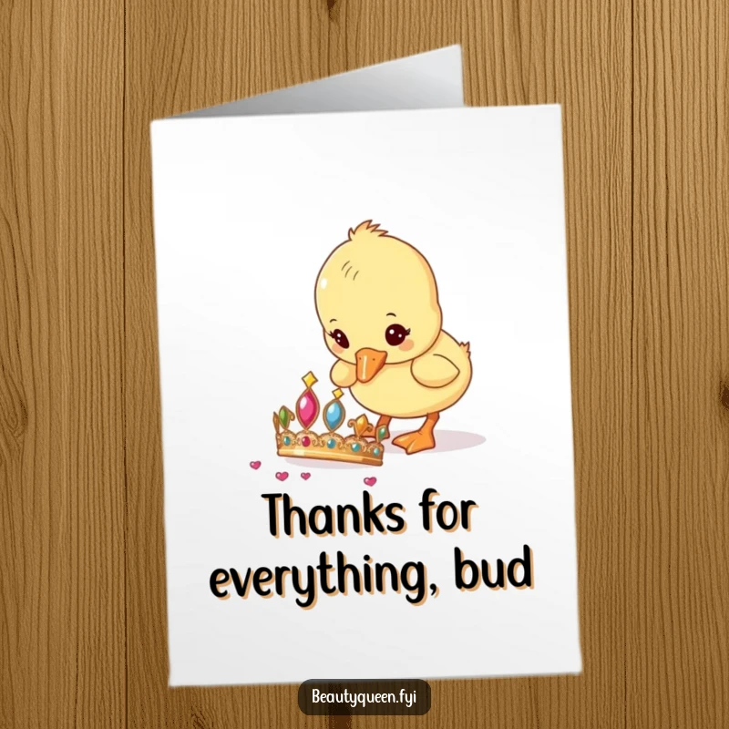 Funny Free Printable Thank You Card of a curious duckling humorously pecking at a discarded, sparkly tiara, conveying playful appreciation.