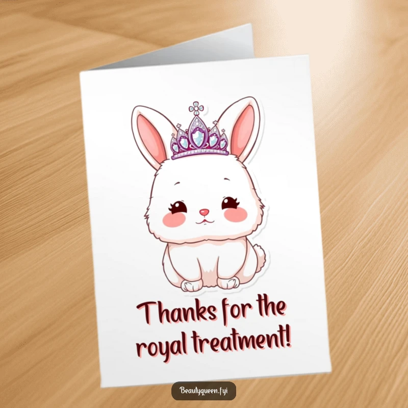 Funny Free Printable Thank You Card: cute rabbit, tiara, blowing a kiss, rosy cheeks, sweet, downloadable art, DIY gift.