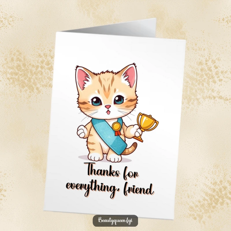 Funny Free Printable Thank You Card: Little kitten in a sash, proud of its trophy, saying thanks.