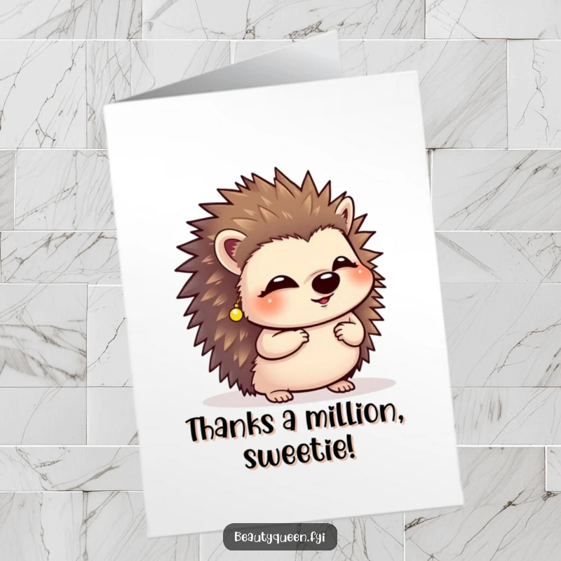 Funny free printable thank you card: A giggling hedgehog wearing tiny earrings, doing a sweet curtsy to express heartfelt thanks adorably.