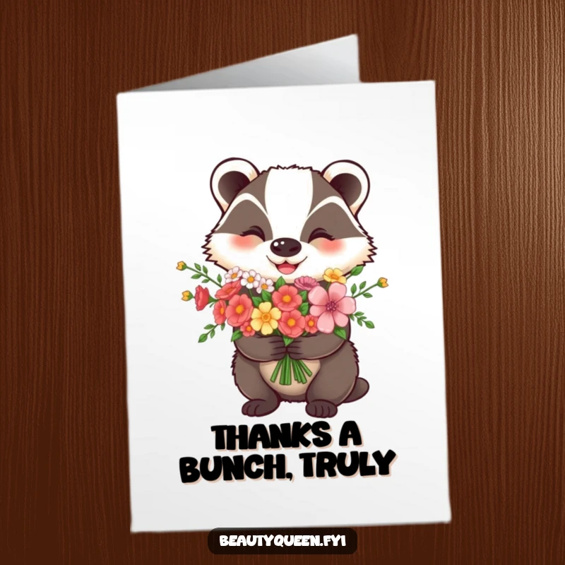 Funny Free Printable Thank You Card: A happy badger presents a lush flower bouquet, conveying sincere thanks.