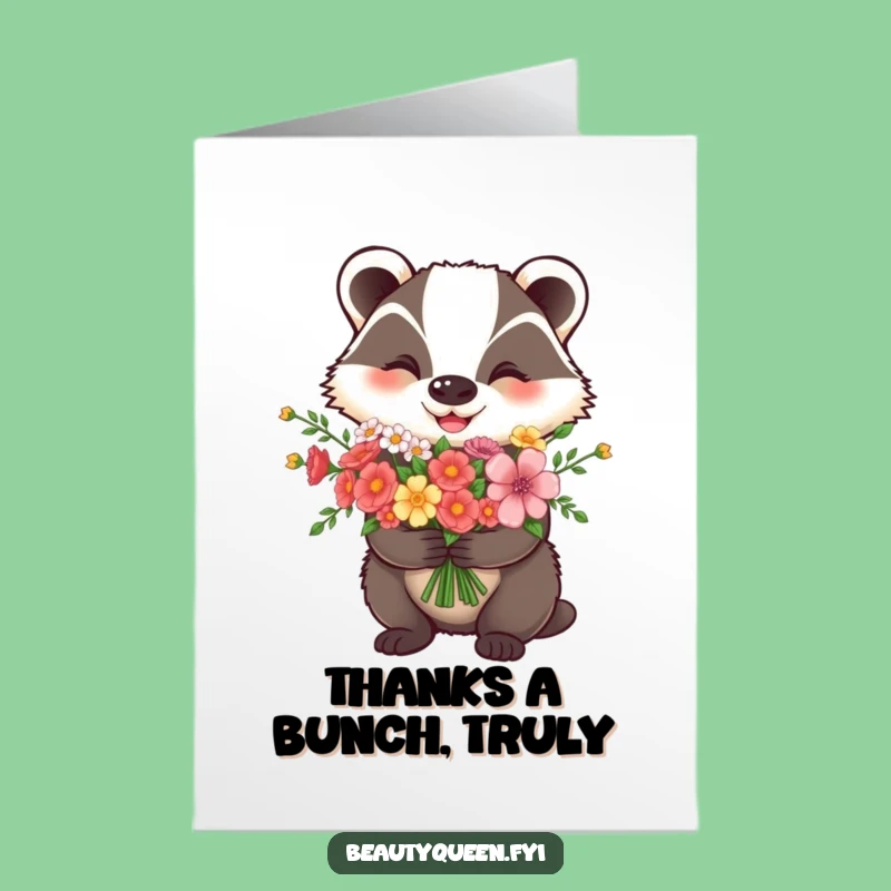 Free Printable Thank You Card: Grateful Badger Flower Bouquet Funny Downloadable Gift
