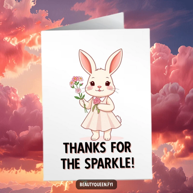 Funny Free Printable Thank You Card showing a rabbit in a sparkly dress offering a small bouquet of flowers.