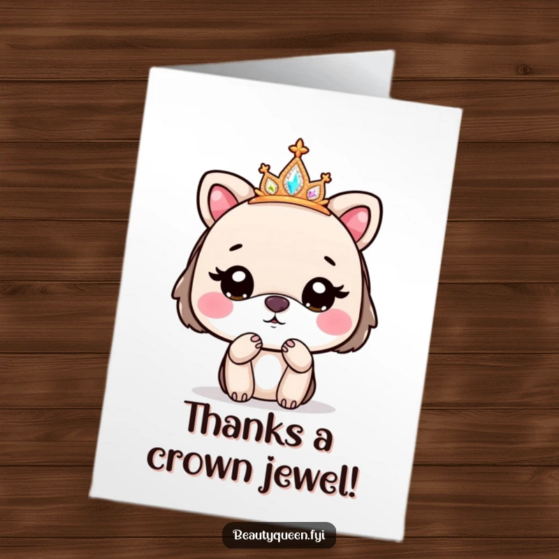 Funny Free Printable Thank You Card showcasing a cute animal with a sparkly tiara, blowing a kiss goodbye, a charming way to say thanks.