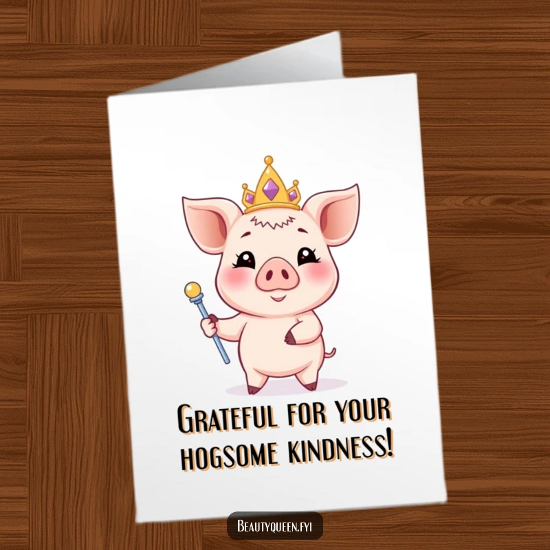 Funny Free Printable Thank You Card: smiling piglet, pastel tiara, elegant pose, scepter, downloadable art, DIY gift.