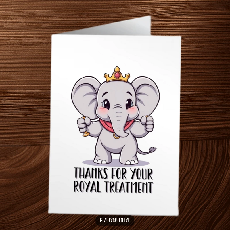 Funny Free Printable Thank You Card: A charming elephant holds a scepter in a dramatic pose, expressing thanks with downloadable art.