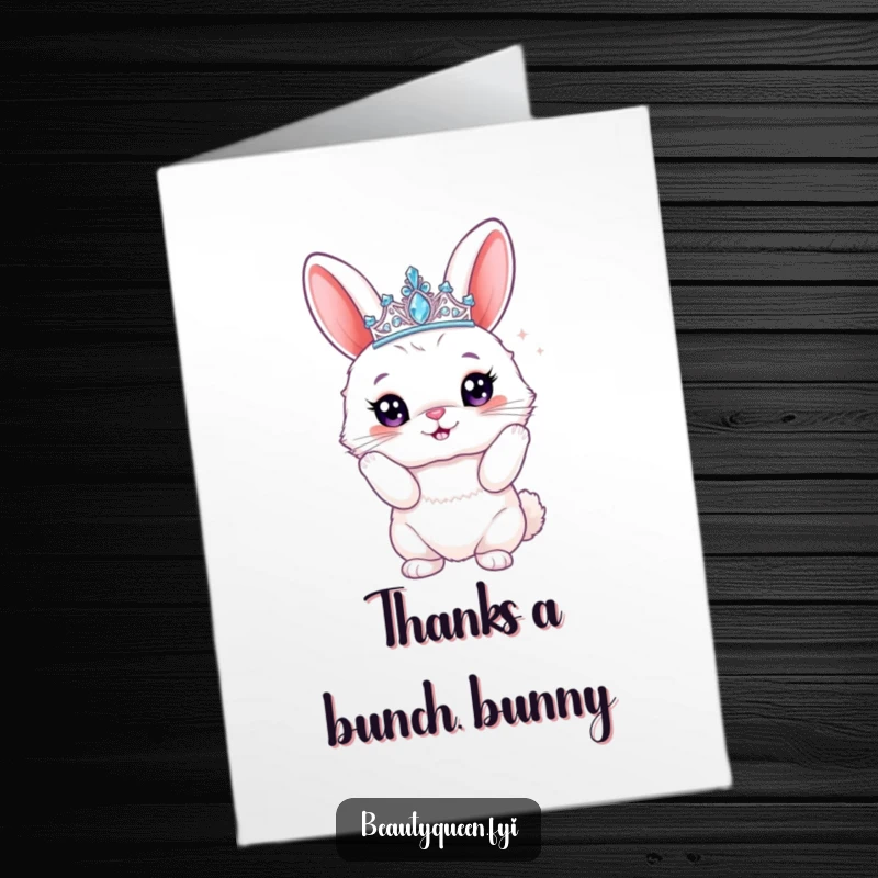 Funny Free Printable Thank You Card: A fluffy bunny dons a sparkly tiara, striking a proud pose to convey downloadable gratitude.