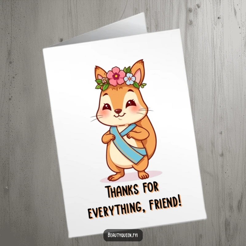 Funny Free Printable Thank You Card: playful squirrel, flower crown, sash, strutting confidently, downloadable art, DIY gift.