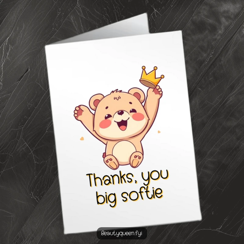 Funny Free Printable Thank You Card: A smiling bear cub celebrates with a joyful crown toss, sending downloadable appreciation.