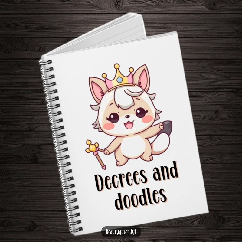 Funny notebook with a smiling animal character wearing a crown and holding a scepter, ideal for regal note-taking.