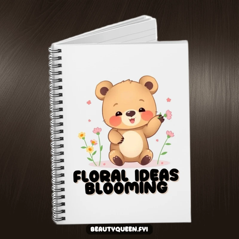 Funny notebook with a small bear cub clumsily juggling tiny blooming flowers.