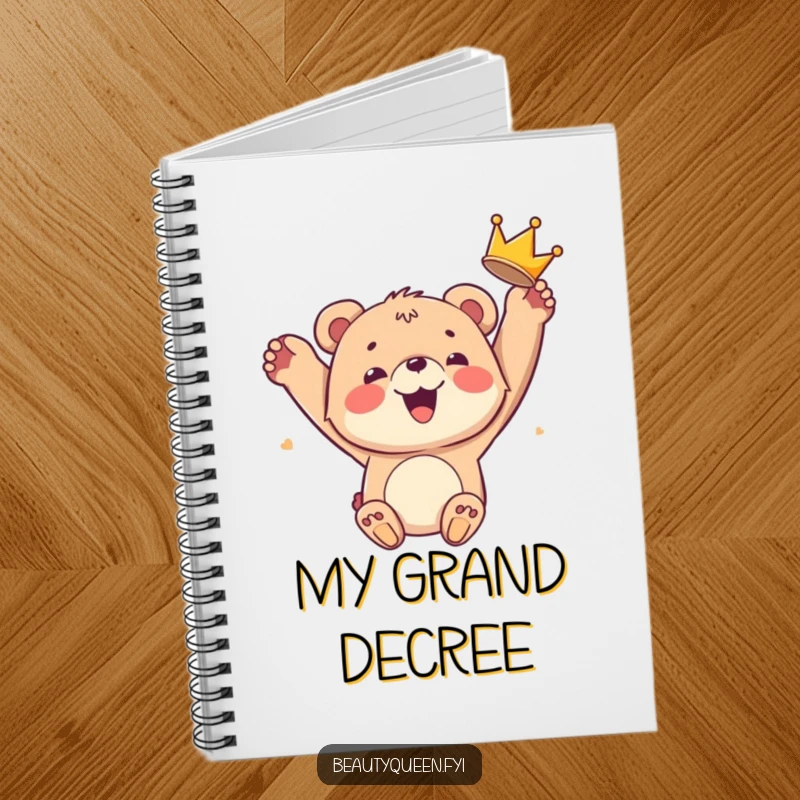 Funny bear cub notebook with a smiling cub joyfully tossing a crown, perfect for jotting down hilarious royal decrees or daily musings.
