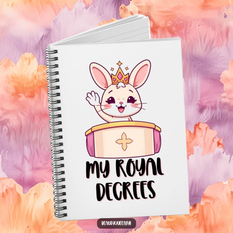 Funny cheerful bunny in a sparkly tiara waving from a podium, on the cover of a notebook.