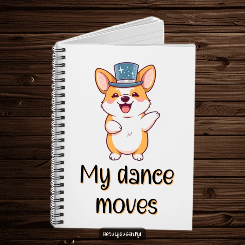 Funny corgi in a sequined top hat dancing on the cover of a cute and inspiring notebook.