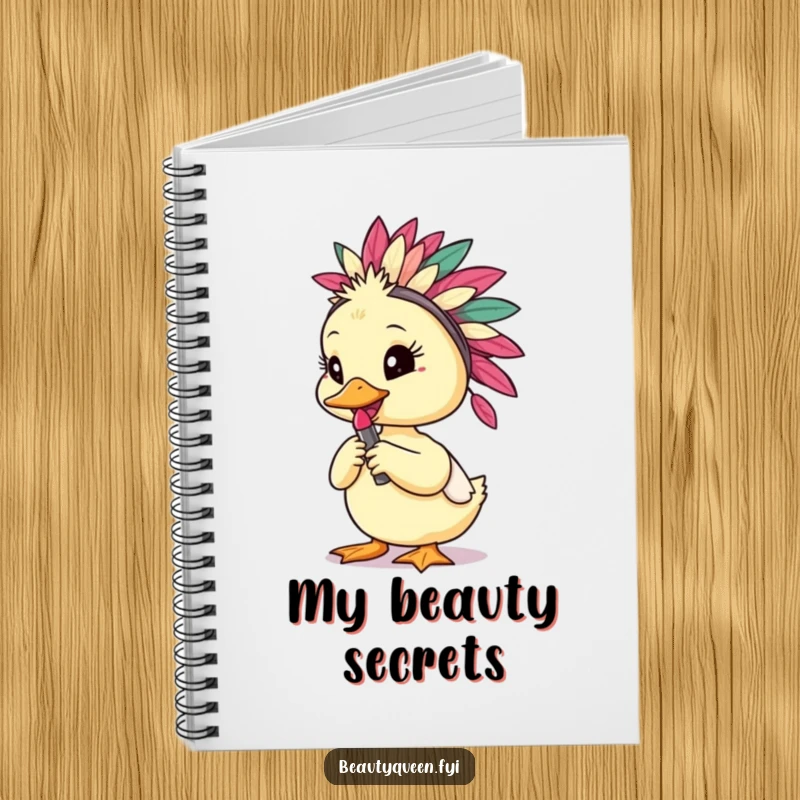 Funny duckling in a headdress with lipstick, featured on the cover of a joyful notebook for writing and sketching.