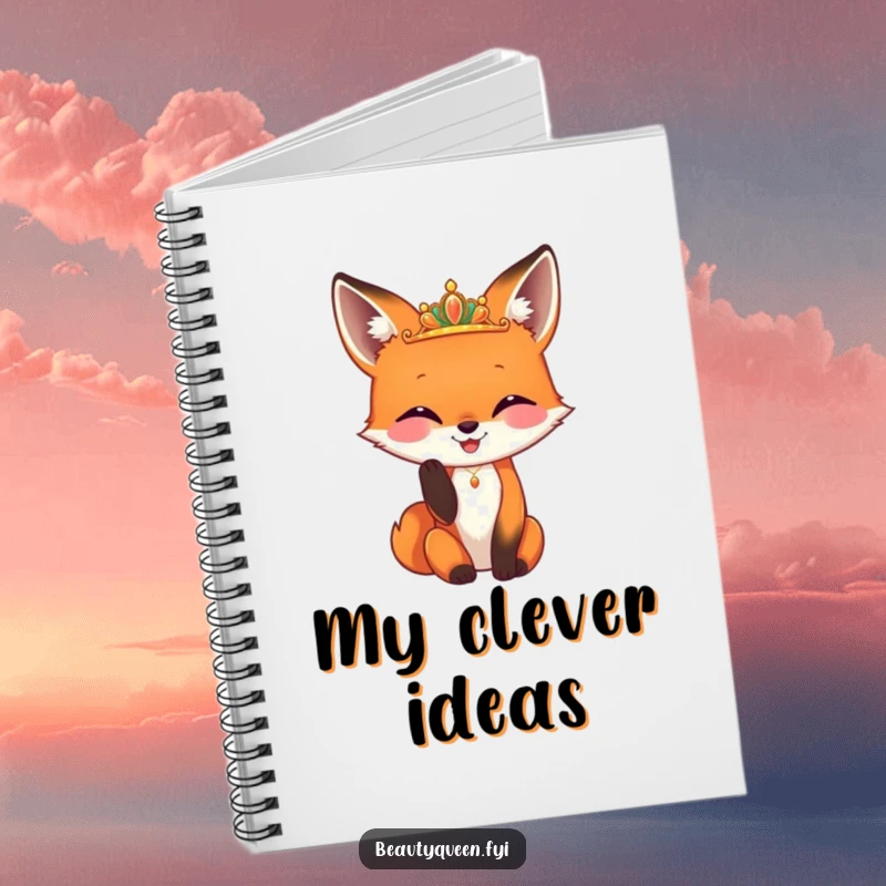 Funny fox notebook with a happy fox adjusting a tiny, gleaming diadem, perfect for jotting down hilarious foxy thoughts or plans.