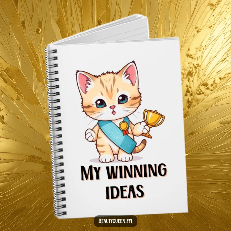 Funny notebook with a tiny kitten wearing a glitter sash and holding a small trophy, perfect for jotting down wins.
