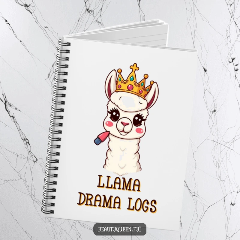 Funny Llama Notebook: A playful llama queen with a tilted crown and lipstick poses humorously, ready to capture your regal thoughts.