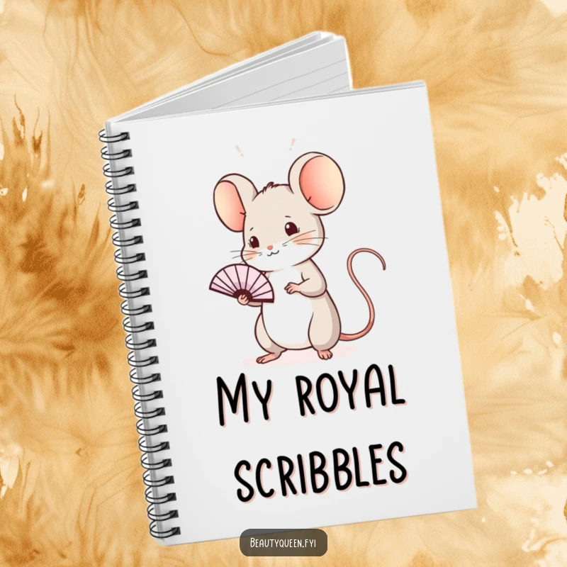 Funny mouse notebook with a sweet mouse doing a regal wave with a tiny fan, designed for jotting down sophisticated thoughts with charm.