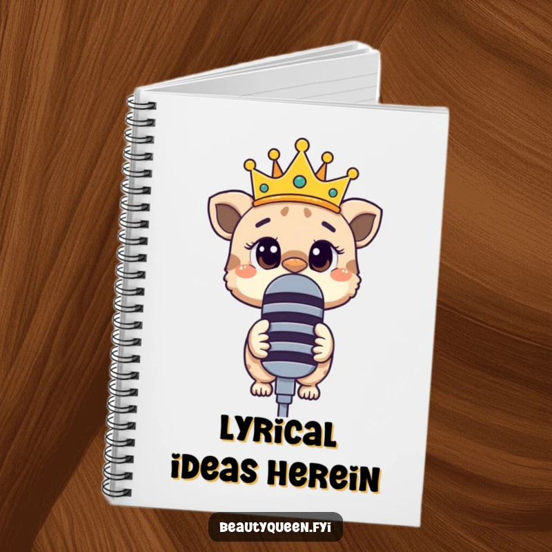 Funny notebook cover featuring a curious animal with a tilted crown, peeking over a large microphone.