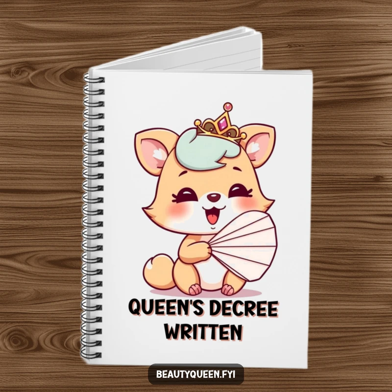 Funny notebook cover with a playful animal peeking from behind a fan, tiara askew, and an infectious giggle.