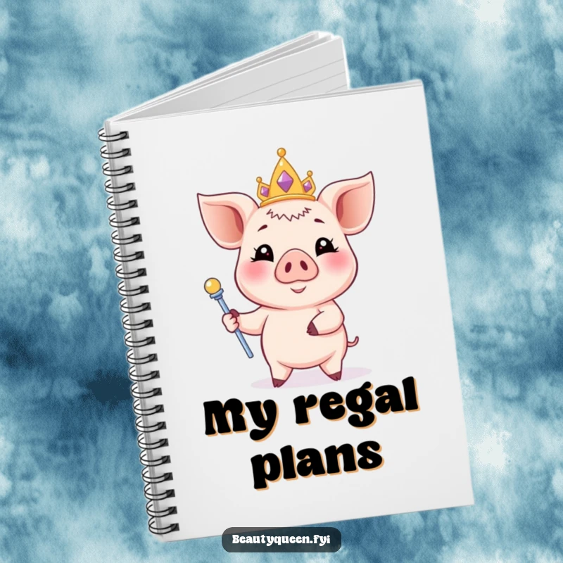 Funny piglet notebook featuring a smiling piglet with a pastel tiara and scepter, perfect for journaling.