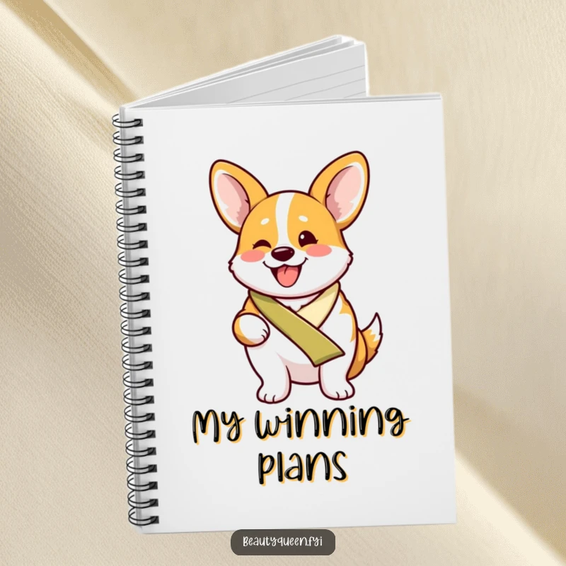 Funny proud corgi wearing a sash, beaming with excitement on the cover of a cheerful notebook.