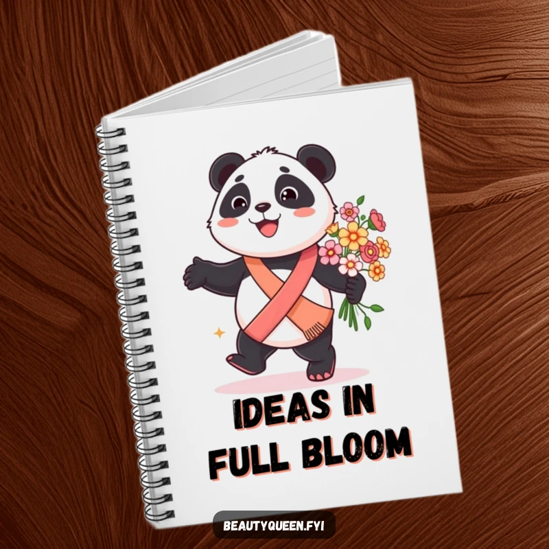 Funny panda notebook with a smiling panda in a sash, prancing with flowers, ready for your plans and notes.