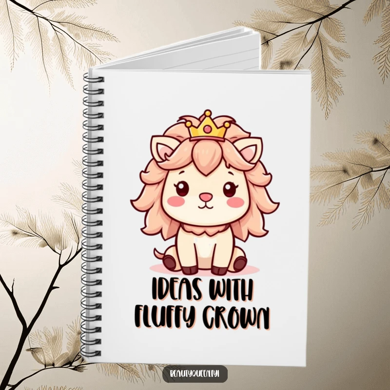 Funny notebook cover featuring a cheerful animal with a big fluffy mane and a small, distinguished crown.