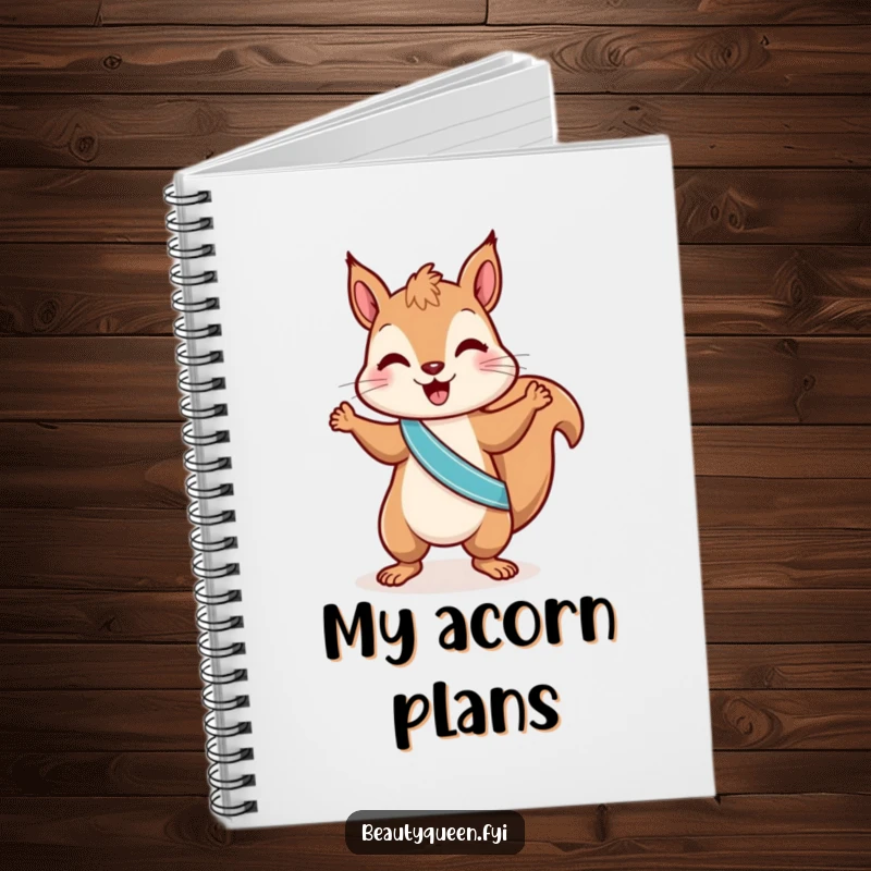 Funny squirrel notebook with a playful squirrel in a sash, doing a little dance, perfect for jotting down hilarious energetic ideas.