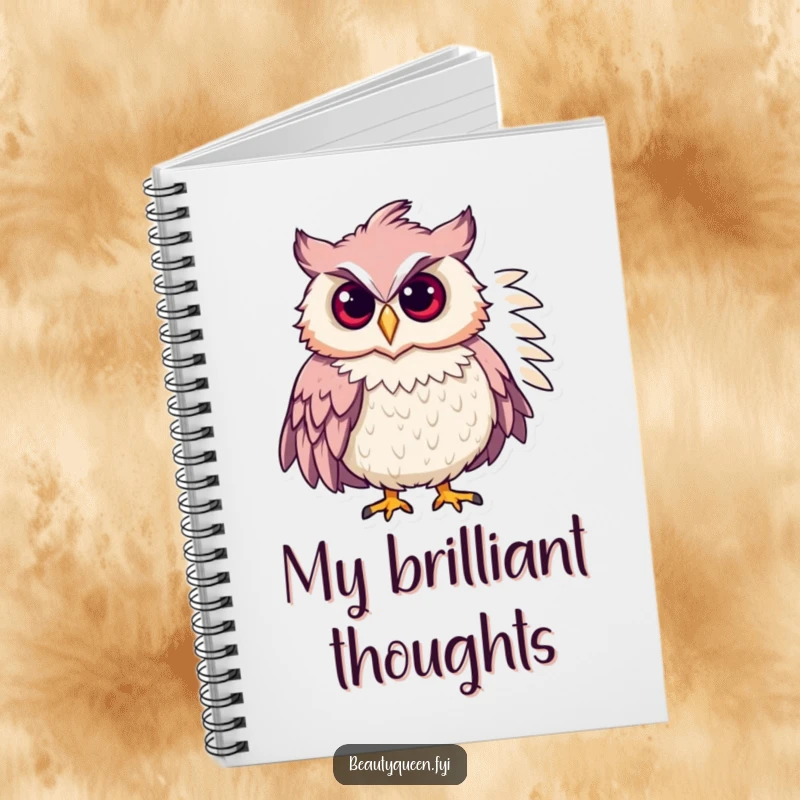 Funny chic owl wearing a feathered boa, striking a confident pose on the cover of a stylish notebook.