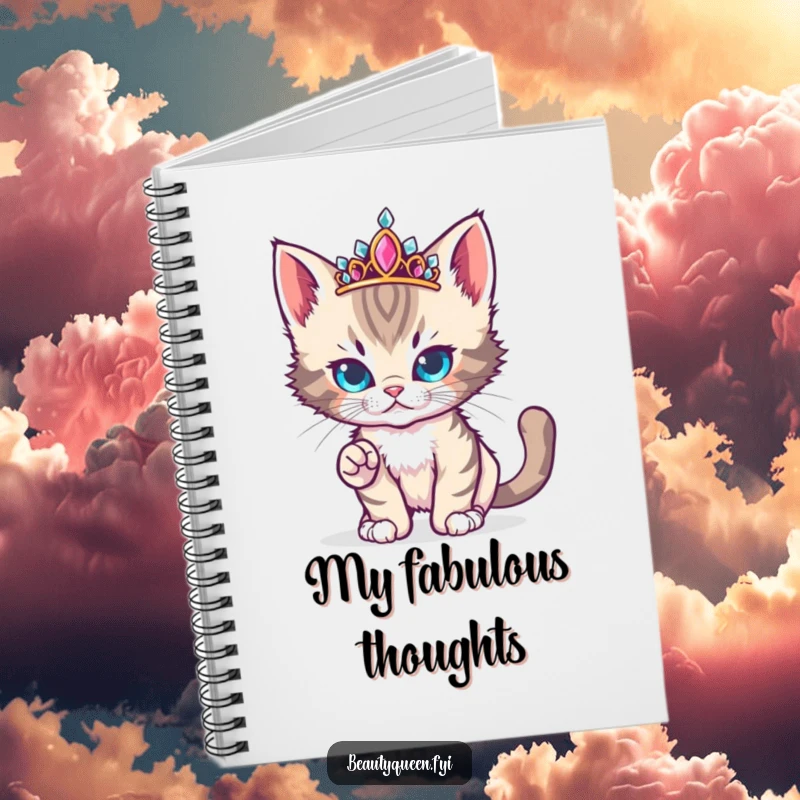 Funny cute kitten wearing a jeweled tiara strikes a fierce yet adorable runway pose on a notebook.