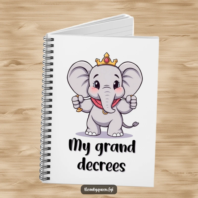 Funny elephant notebook with a regal elephant posing dramatically with a scepter, designed for jotting down important thoughts with a humorous touch.