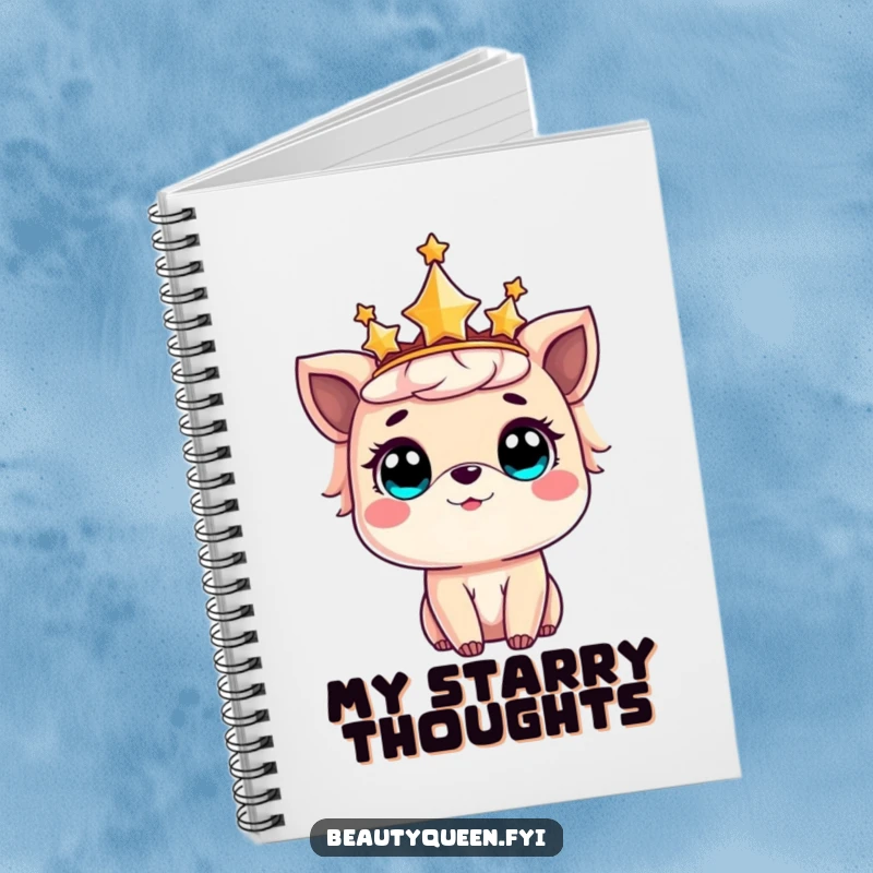 Funny notebook cover with a sweet animal wearing a celestial crown, looking up in awe and amazement.