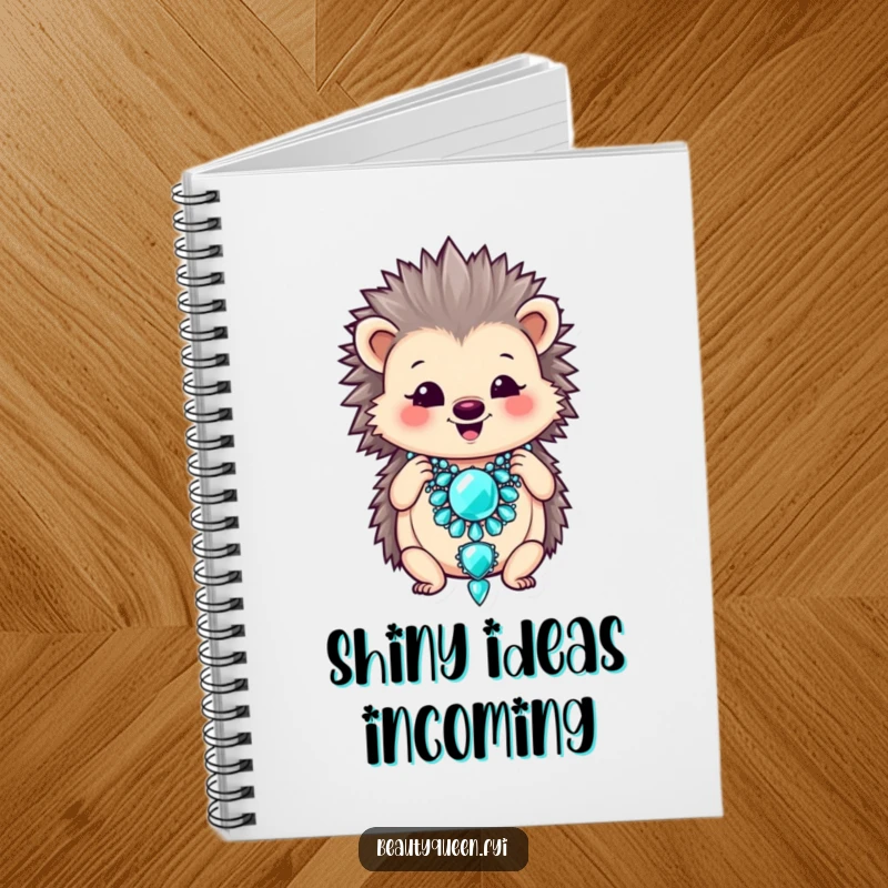 Funny notebook with a smiling hedgehog adjusting a large, oversized jeweled necklace.