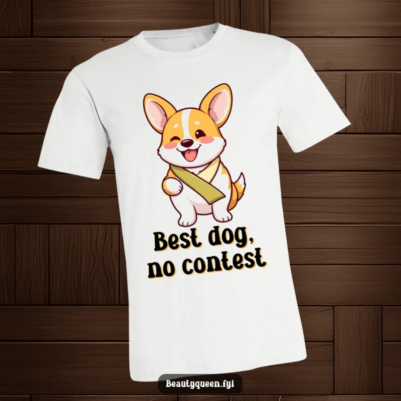 Funny proud corgi wearing a sash, beaming with excitement on a high-quality, humorous t-shirt.