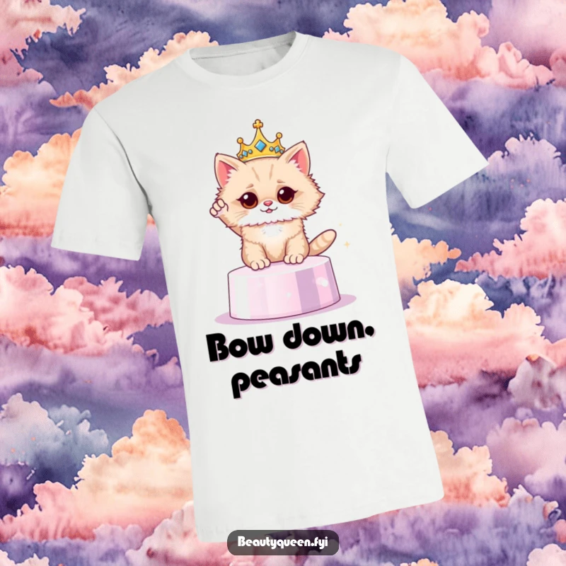 Funny cat crown t-shirt, regal feline striking a dramatic pose, conveying royalty and humor, a comfortable and funny cat gift.