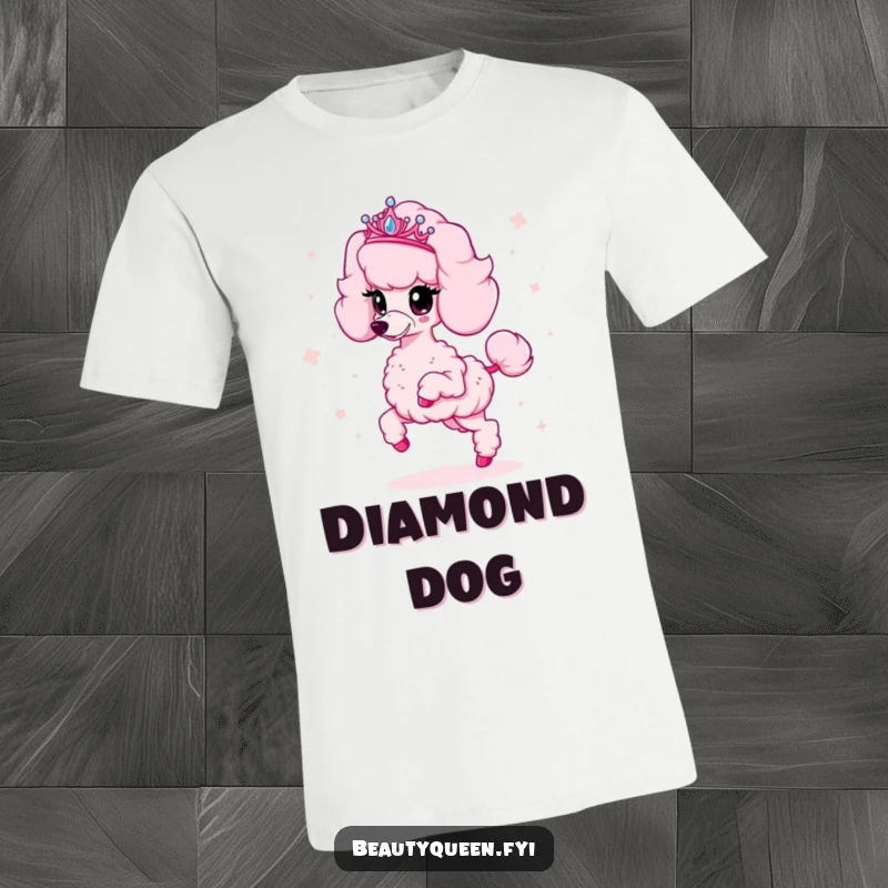 Funny poodle t-shirt featuring a fluffy pink poodle in a tiara, prancing and scattering sparkles, embodying pure glamorous fun.