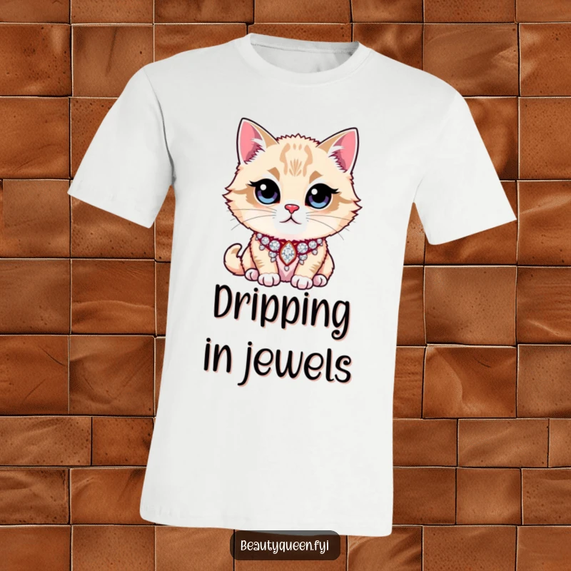 Funny Cat T-Shirt featuring a majestic cat proudly wearing a glittering rhinestone collar, radiating pure feline confidence and charm.