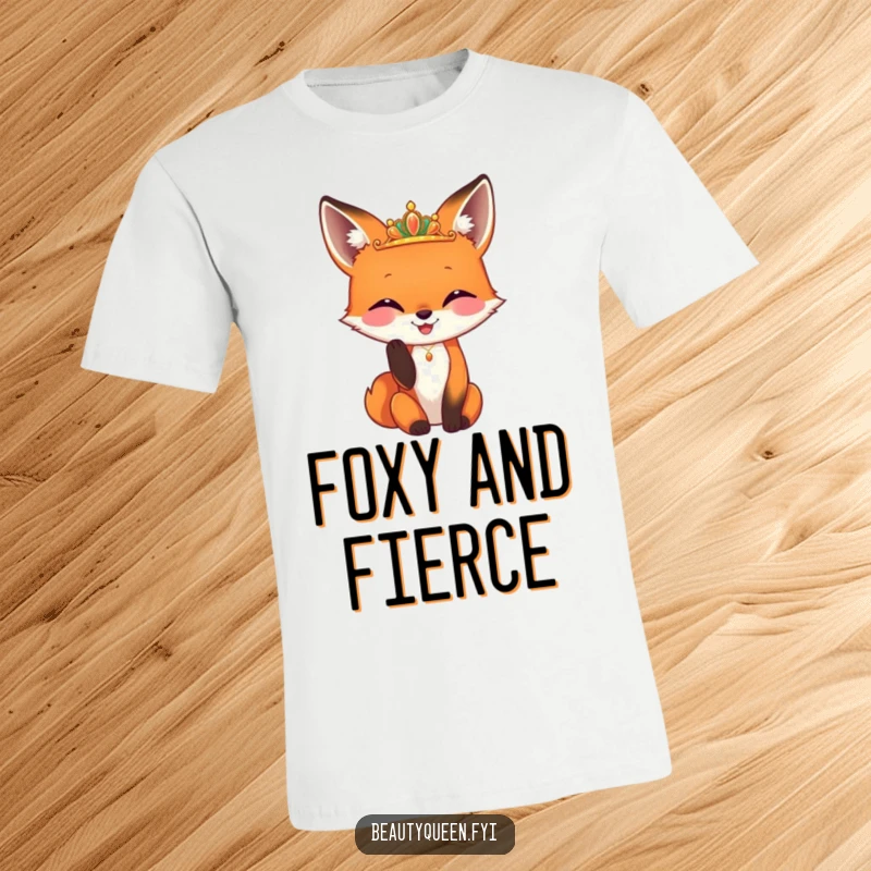 Funny fox t-shirt showing a happy fox adjusting a tiny, gleaming diadem with its paw, exuding hilarious foxy charm and sophistication.
