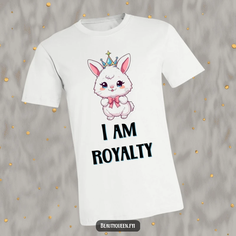 Funny bunny t-shirt depicting a fluffy bunny wearing a sparkling crown and striking a playful pose with a bow.