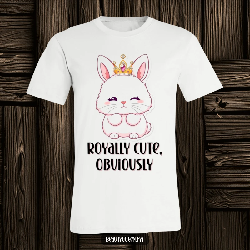 Funny t-shirt of a fluffy bunny in a sparkling tiara, cheekily winking and blowing a kiss.